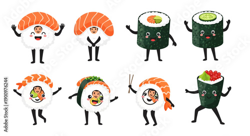 Illustration of cartoon sushi characters dancing and having fun together in a lively scene
