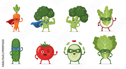 Cartoon Vegetables in Superhero Costumes Showcasing Fitness and Strength in a White Background Illustration