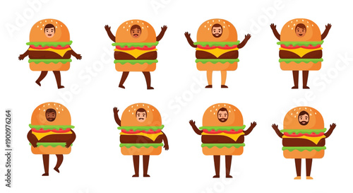 Eight cartoon hamburgers with human heads and arms celebrating a joyful event in a row