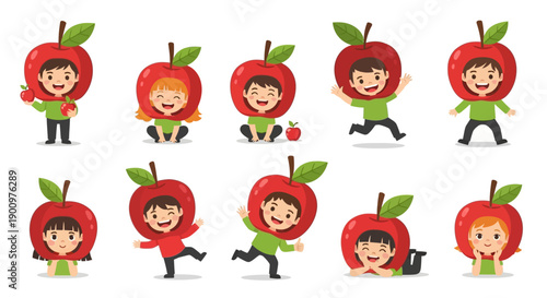 Children personifying red apples in various dynamic poses and actions