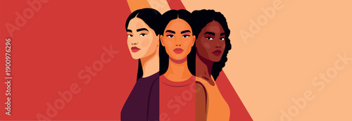 Vector horizontal banner for Women's Day, March 8. Women of different cultures, nationalities stand together. Diversity, support, feminism, freedom, movement for gender equality, women's empowerment