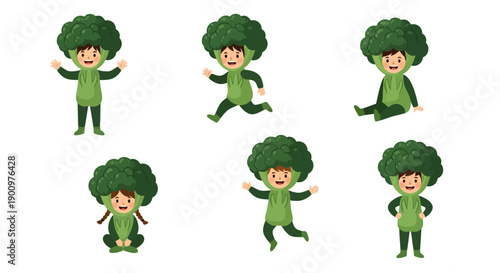Illustration of broccoli characters in various dynamic poses on a plain background, showcasing action and movement. Whisk_1acc1656ba1f88abc3c424bf9d27147edr.eps reference