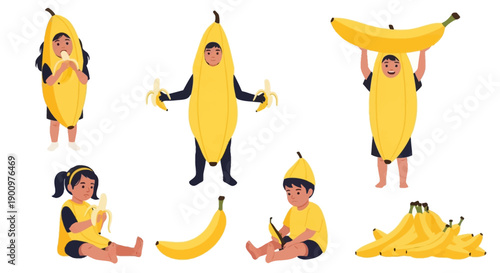 Children dressed in banana costumes posing playfully with bananas in various fun and creative positions in a studio setting