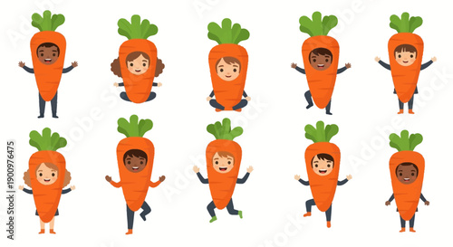Group of anthropomorphic carrots with diverse human faces standing together in a grid pattern illustration