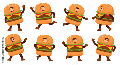 Illustration of dancing hamburger characters in various poses on a white background, energetic and playful scene, Whisk reference