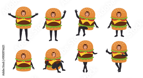 Illustration of people wearing hamburger costumes in various dynamic poses on a plain background