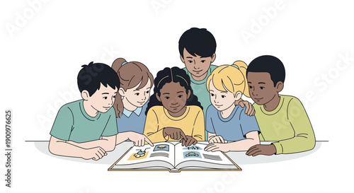 Diverse group of children reading book.