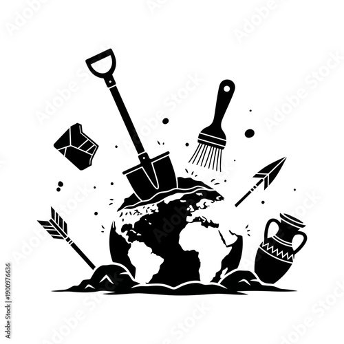 Archaeological Tools Surrounding Globe Illustration.