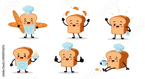 Cartoon bread characters in various poses and actions, showcasing playful and emotive illustrations of food items in a whimsical setting.