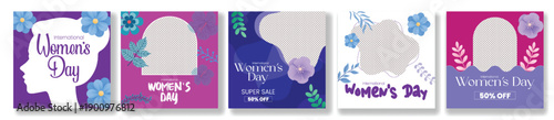Women’s Day 8 March social media posts, banners, square flyer poster templates, web banners, vector women silhouettes illustrations, floral backgrounds, greeting cards, celebration promo bundle