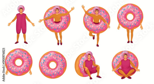 Woman in pink swimsuit posing with donut inflatable ring in various yoga-like positions