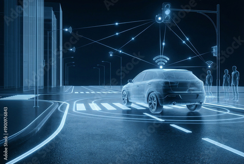 Futuristic autonomous car waits at intersection with glowing road markings and connected traffic lights. Digital city environment illustrates smart transportation and vehicle communication systems.