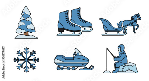 A collection of winter icons including ice skates, horse-drawn sleigh, and snowflakes, presented in a clean and simple illustration style on a white background from a straightforward viewpoint.