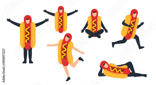 Dancing hotdog characters in various dynamic poses on a clean white surface, depicted in a playful digital illustration
