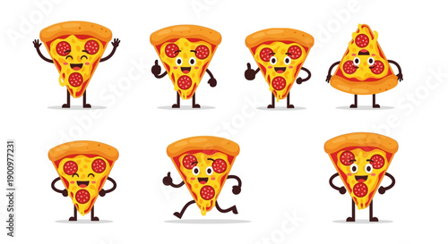 Group of cartoon pizza slices with human-like features dancing together in a lively scene, depicted in an illustration style