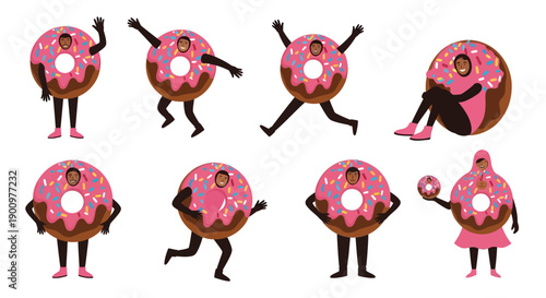 Dancing Donuts Illustrations Featuring Pink Sprinkles and Dynamic Poses