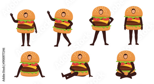 Cartoon characters dressed as burgers performing various yoga poses on a white background in a playful illustration