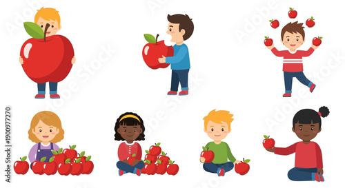 Children playing with strawberries in a vibrant illustration featuring diverse kids and abundant fruit