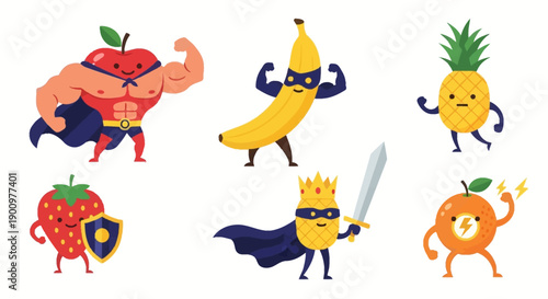 Vibrant cartoon fruits and an apple superhero standing together in a line on a plain white background from a straightforward viewpoint