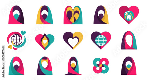 A vibrant flat design illustration set featuring hijab icons and symbols for World Hijab Day, showcasing cultural diversity and women's empowerment through colorful, modern graphics on a