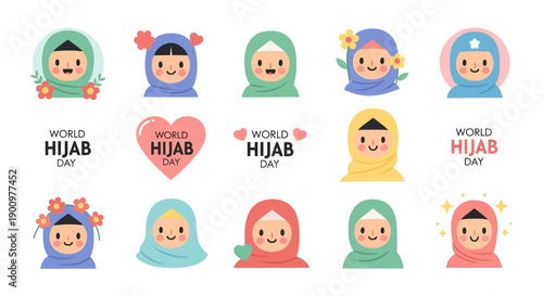 A vibrant illustration of diverse Muslim women and hijab icons celebrating World Hijab Day with colorful flat design elements on a clean white background.