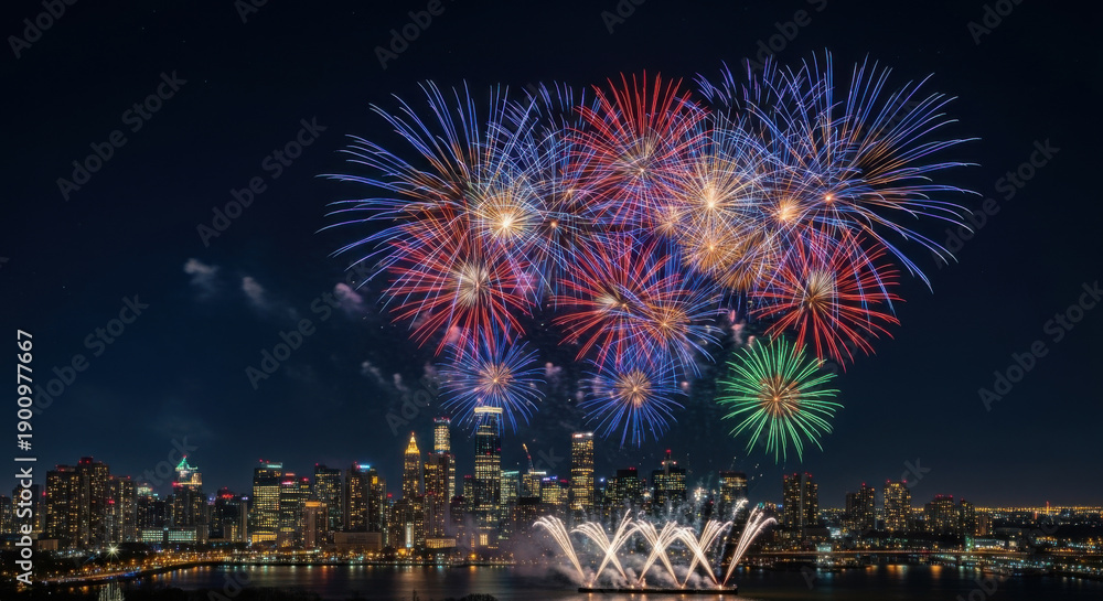 Fototapeta premium Fireworks Over City Skyline at Night