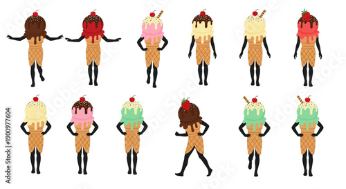 Illustration of diverse cartoon characters with ice cream heads in various poses and flavors