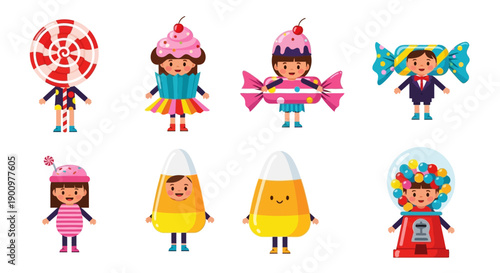 Children dressed as various sweets and candies in a playful illustration, viewed from directly above in a white background-free setting, Whisk_89b3620a31ec1aa86a84de14824e9b3cdr.eps