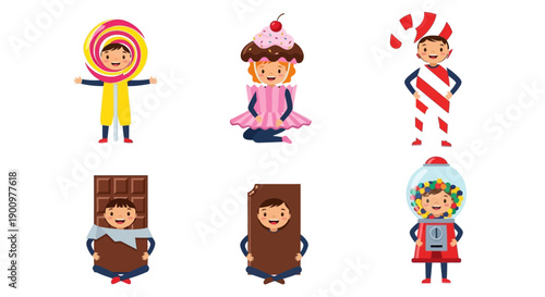 Cartoon characters dressed as food items and desserts standing in a row on a white background, viewed from the front