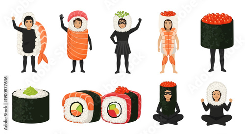Illustration of people meditating and celebrating sushi with various poses and sushi rolls arranged around them in a minimalist design