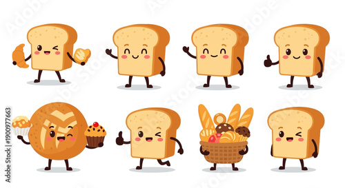 Assorted cartoon bread characters with different expressions and accessories in a playful illustration