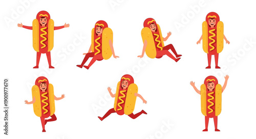 Animated hot dog characters in various dynamic poses and actions on a clean white background, Whisk reference eps file