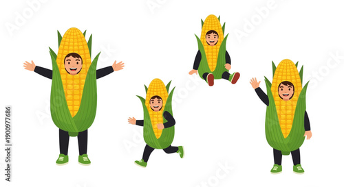 People in corn costumes performing various fun actions and movements together in a lively scene