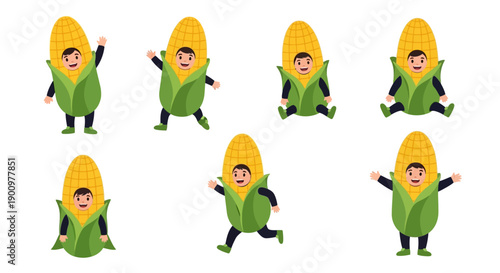 Illustration of people wearing corn costumes in various dynamic poses on a plain background