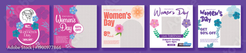 Set of 8 March Women’s Day social media posts, banners, flyer poster templates, vector women silhouettes illustrations, floral backgrounds, greeting cards, promo design bundle