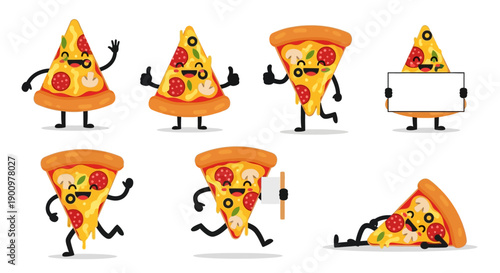 Vibrant Pizza Characters Illustration Set, Featuring Anthropomorphic Slices with Various Actions and Expressions