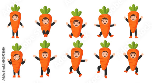 Collection of cartoon carrots in various poses and arrangements in a clean and simple illustration style