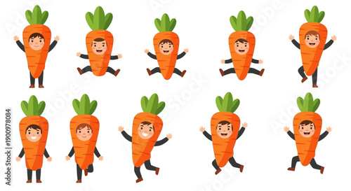 Anthropomorphic carrots dancing in unison on a grid layout, showcasing playful vector illustrations