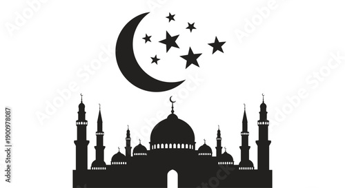 Grand mosque silhouette under a majestic crescent moon and twinkling stars, depicting a serene Islamic skyline at night, symbolizing peace and devotion on white.