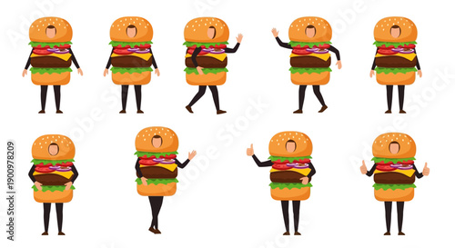 Animated hamburger characters dancing in various poses on a plain white background with Whisk_875e6460976dbf79e184c5d2887ee861dr.eps reference