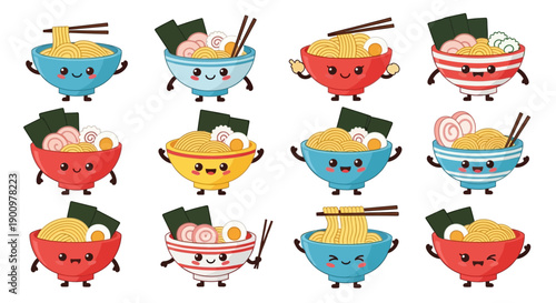 Collection of playful cartoon bowls with diverse noodle dishes and chopsticks in various colors and arrangements
