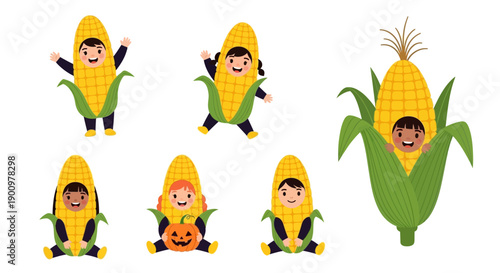Children Dressed as Corn Characters in a Playful Halloween Scene Illustration