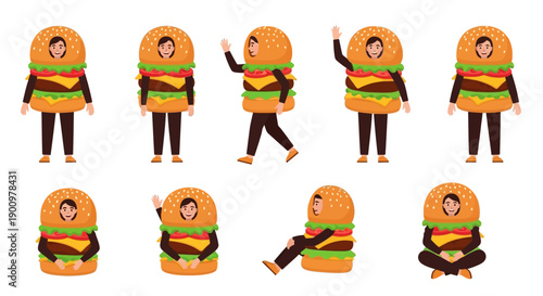 Various yoga poses performed by a hamburger character in different stances and movements