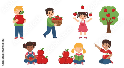 Children Gathering Apples in an Orchard Scene Illustration from a Top-Down Viewpoint