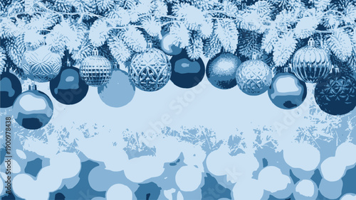 Blue Christmas ornaments and pinecones border with bokeh background, isolated on transparent background
