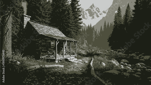 Vintage cabin in a serene forest landscape with a stream, surrounded by tall trees and mountains in a monochromatic scenery.