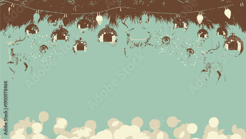 Vector illustration of a whimsical forest border with hanging lanterns and foliage, isolated on transparent background