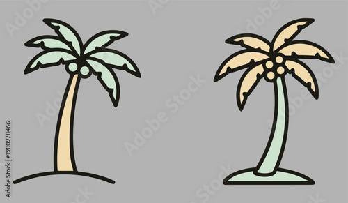 A pair of simple palm trees illustrated in a minimalist style on a gray background.