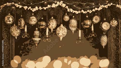 Vintage gold ornament garland with bokeh lights on dark background, isolated on transparent background