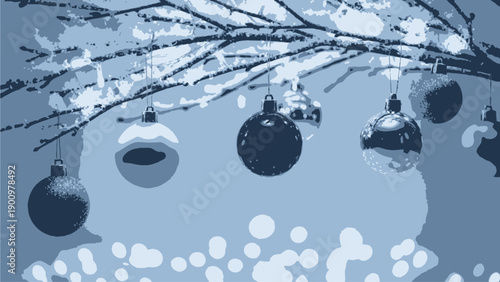 Christmas ornaments hanging from snowy tree branch with blue background and white dots